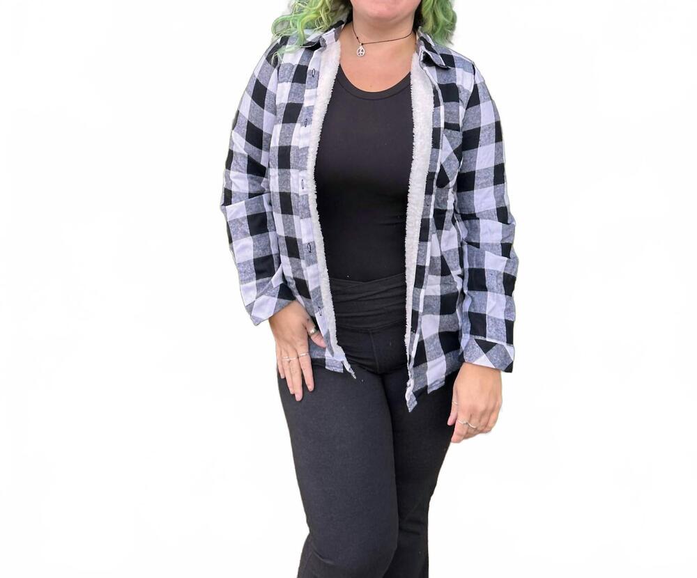 NEW SWEET LOVELY BY JEN hayden plaid faux fur-lined top -plus in blue